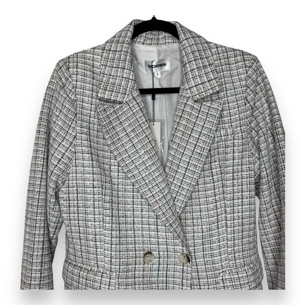 Vigoss Womens Blazer Jacket Plaid Tartan Ivory Brown Brown 1 Button Front Large